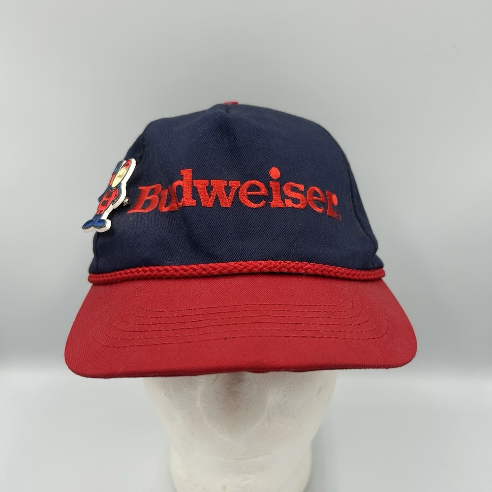 Vintage Budweiser Snapback Hat Rope Blue Red Beer Embroidered USA Trucker
